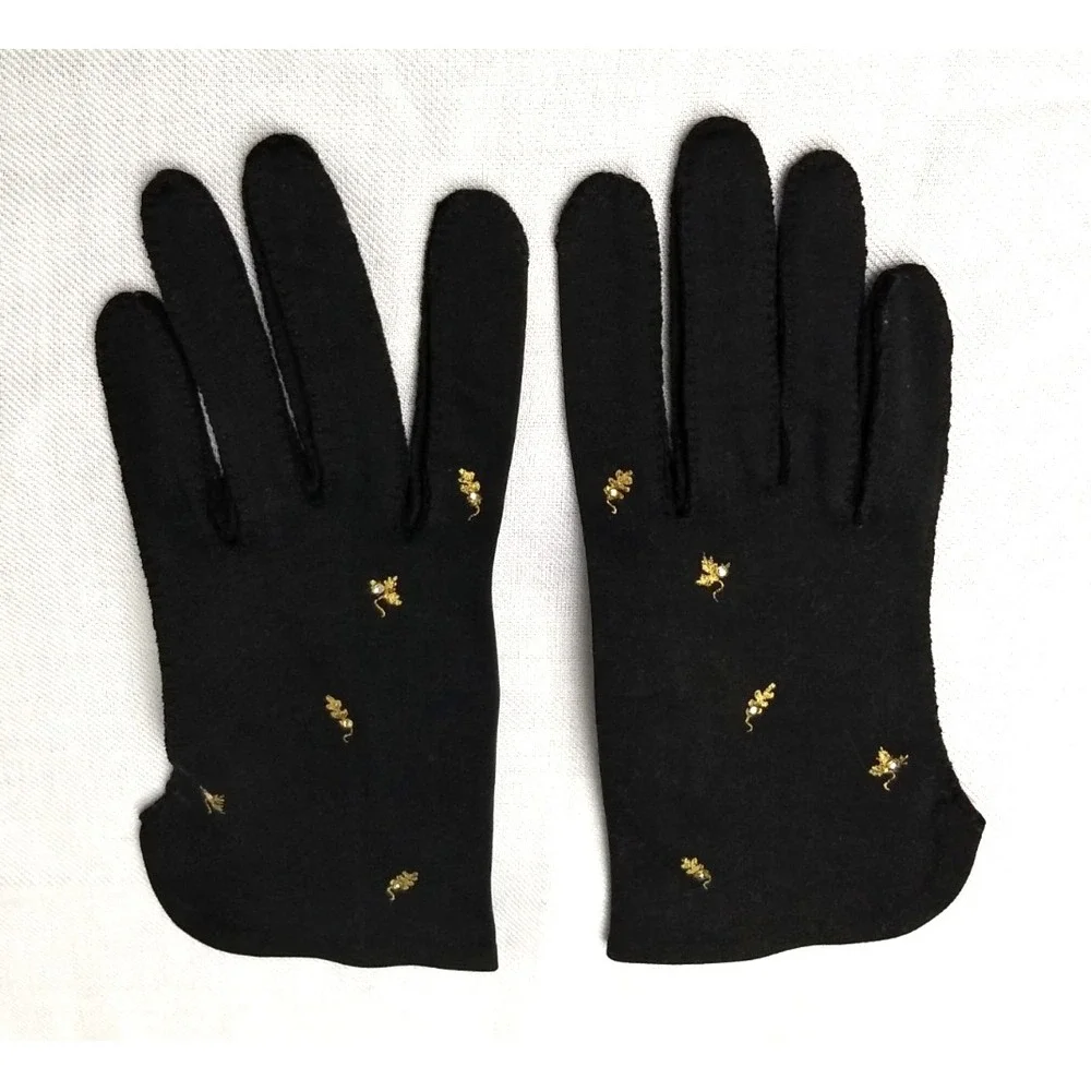 Madeleine Debs Wristlet Gloves Black Gold Embroidered Leaf Rhinestone Size 7 Vtg